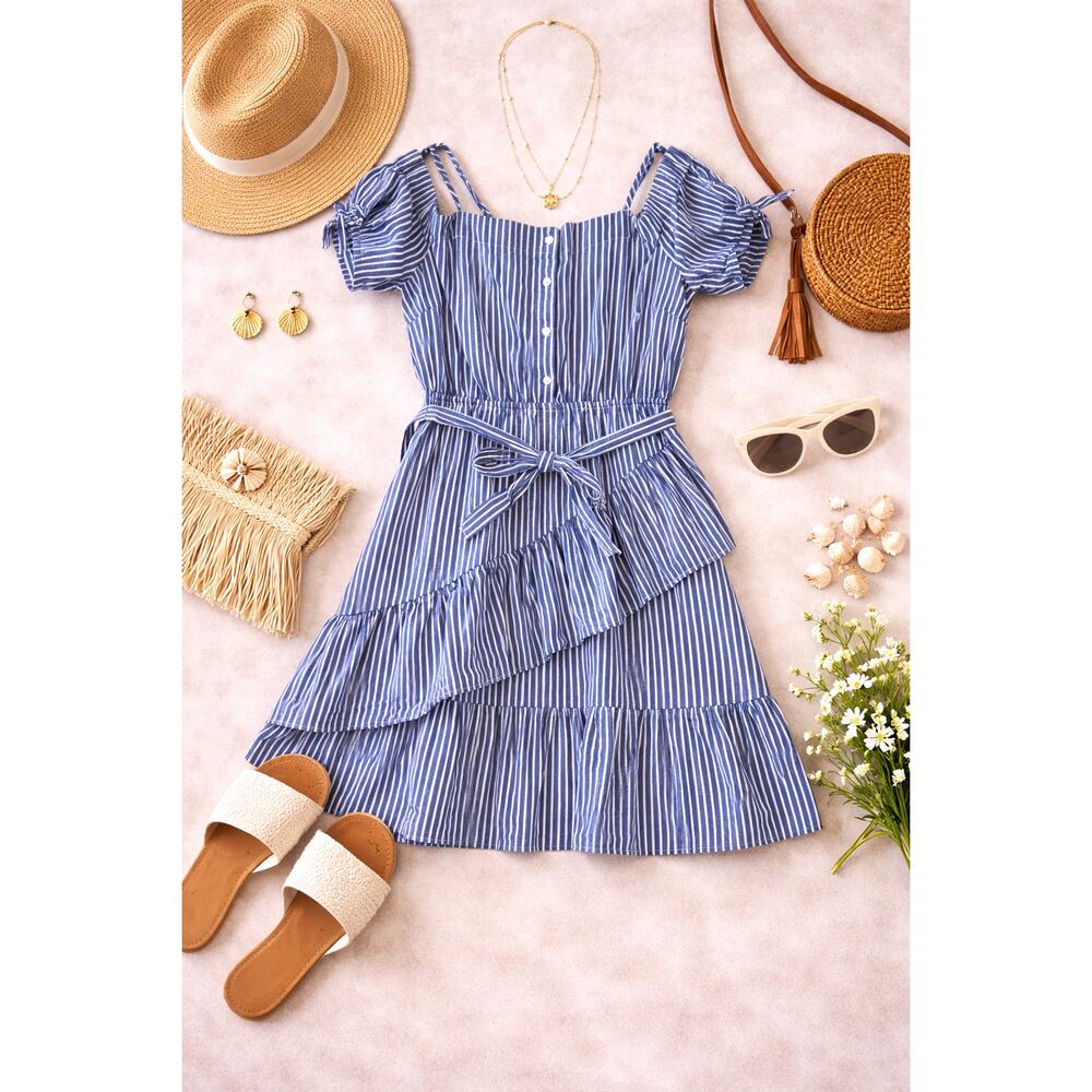 ASOS Blue White Striped Dress Womens 10 Ruffle Off Shoulder Cottagecore Mini